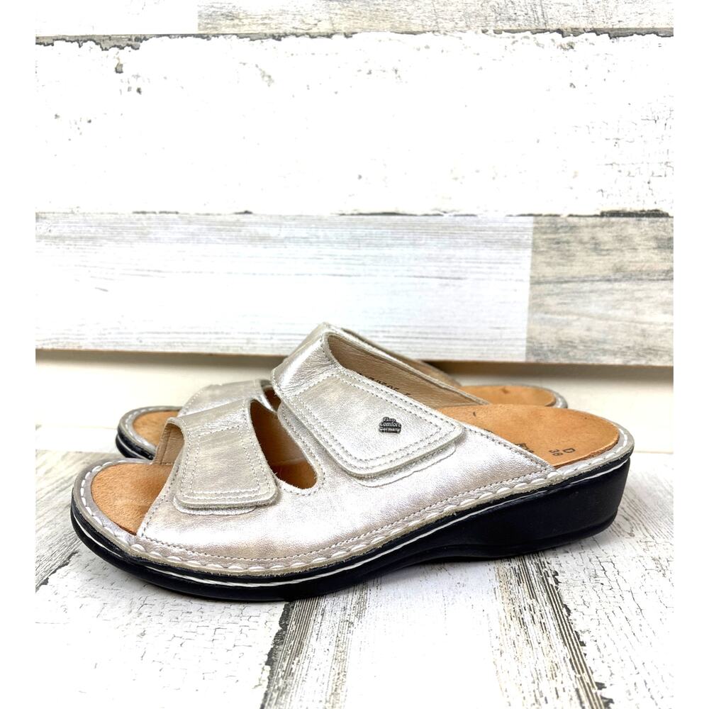 Finn Comfort Womens 7.5 Silver Jamaika Leather Double-Strap Slip-On Sandal NEW